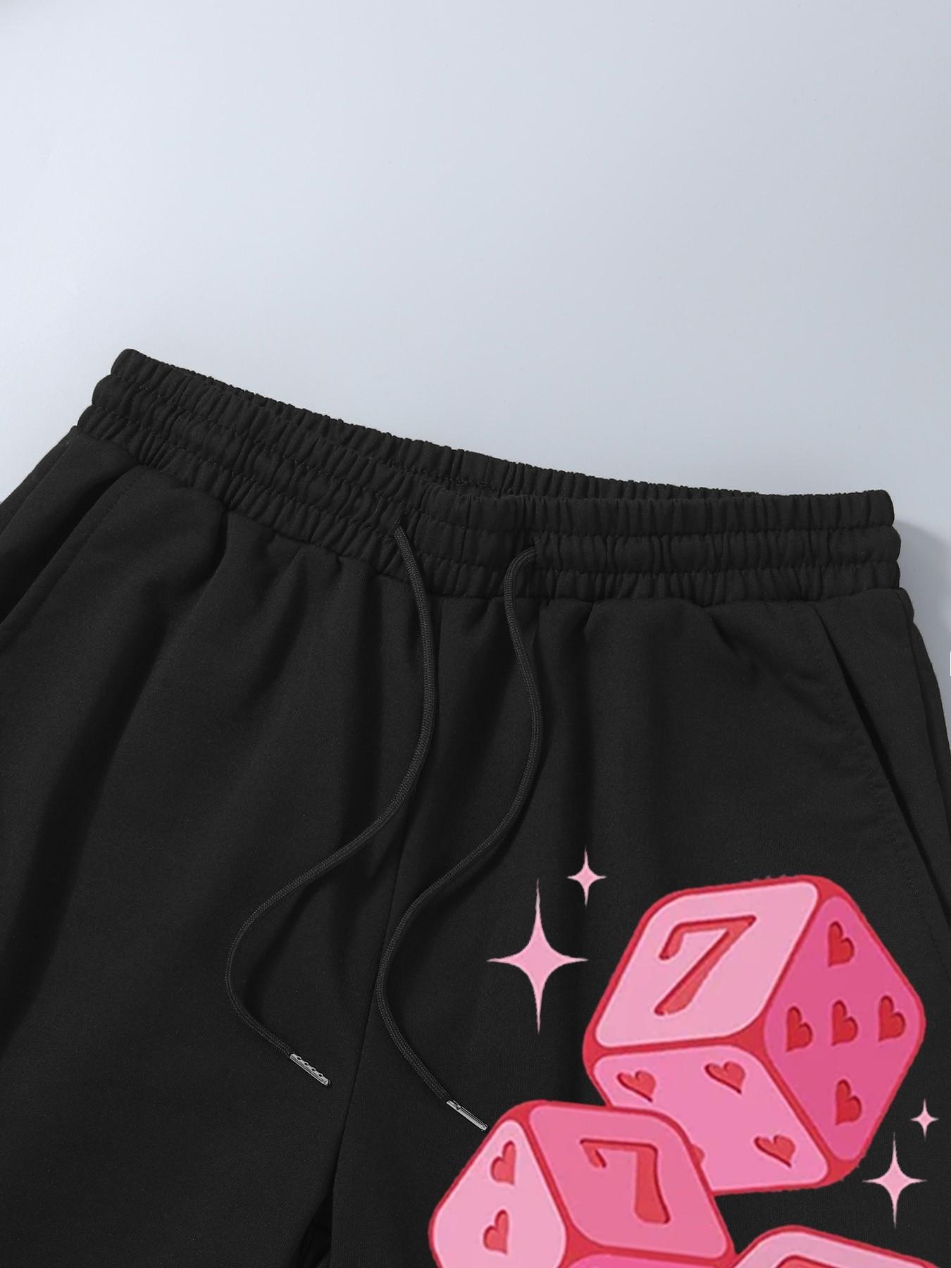 Men's Hip Hop Vintage Sweat Shorts, Pink Lucky Dice Pattern & Comfortable Loose Fit for Street Fashion and Music Festivals
