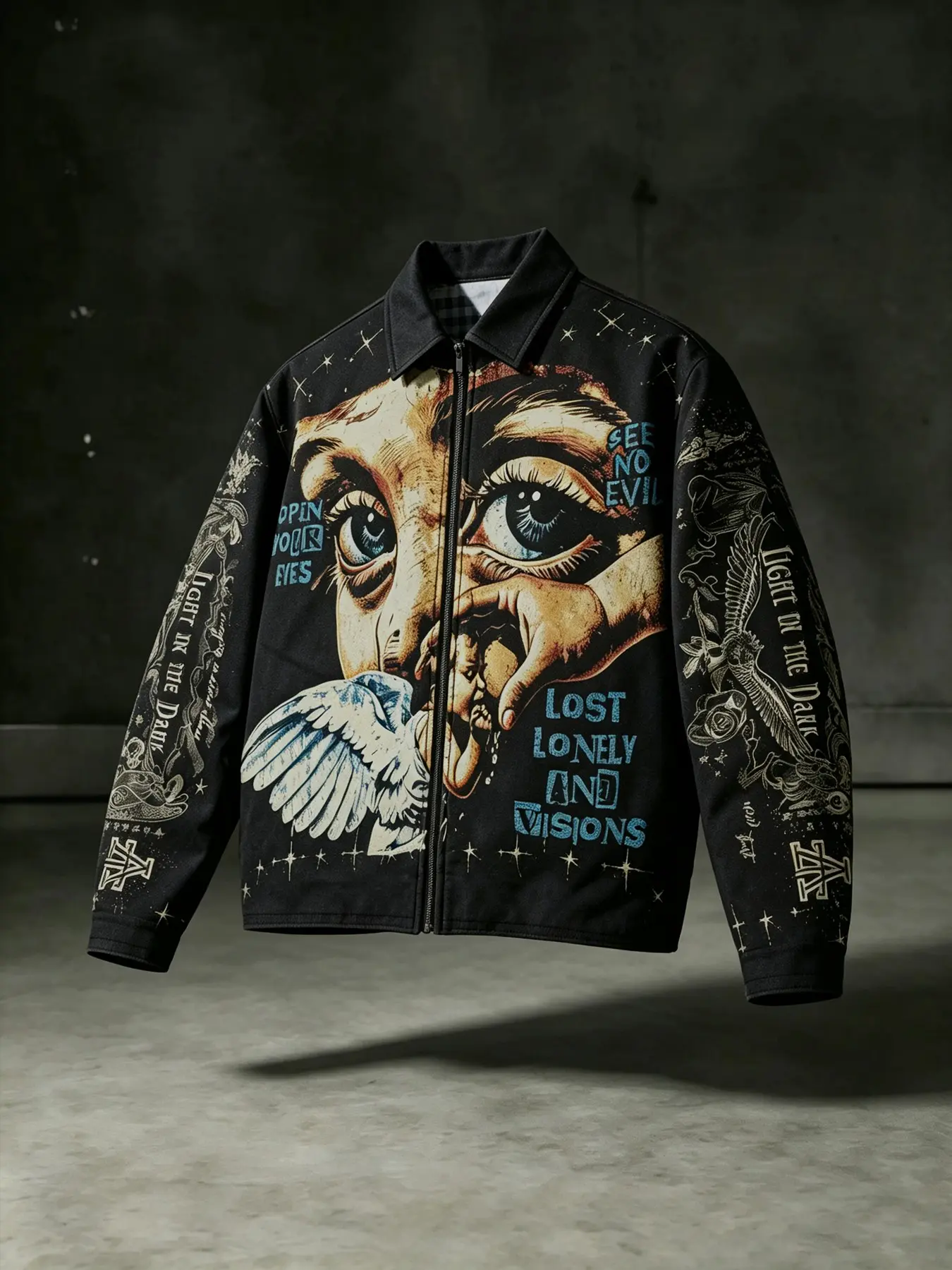 American High Street Retro Full Print Short Casual Jacket for Men, Dark Oil Painting Angel Portrait Zipper Outerwear, Street Punk Fashion Top