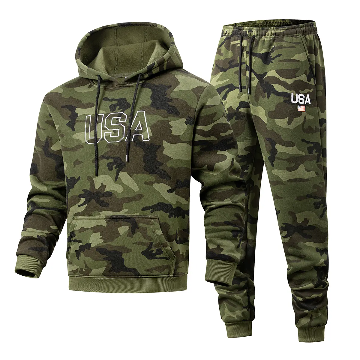 Men 2 Piece Camo Tracksuit USA Outline Letter Print Hoodie & Drawstring Cuffed Jogger Pants, Camouflage Kangaroo Pocket Pullover Sweat Suit, Casual Streetwear Outfit for Jogging Workout Daily Outdoor Activities