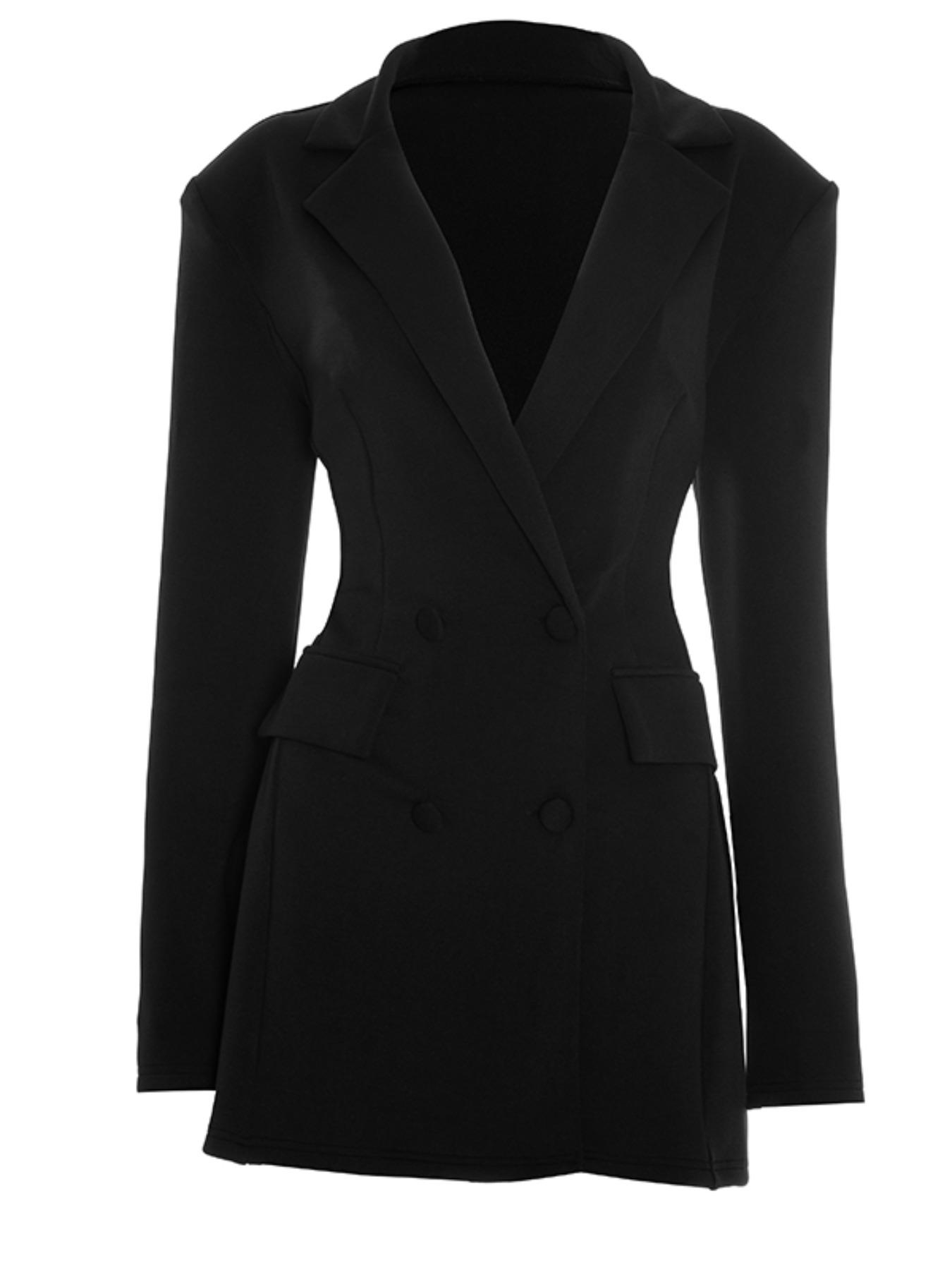 Elegant Women Business Suit Dress with Deep V Neck Long Sleeves Ruffle Detail Waist Cinching for Spring Fall Office Casual Wear Stylish Plain Work Dress graduation