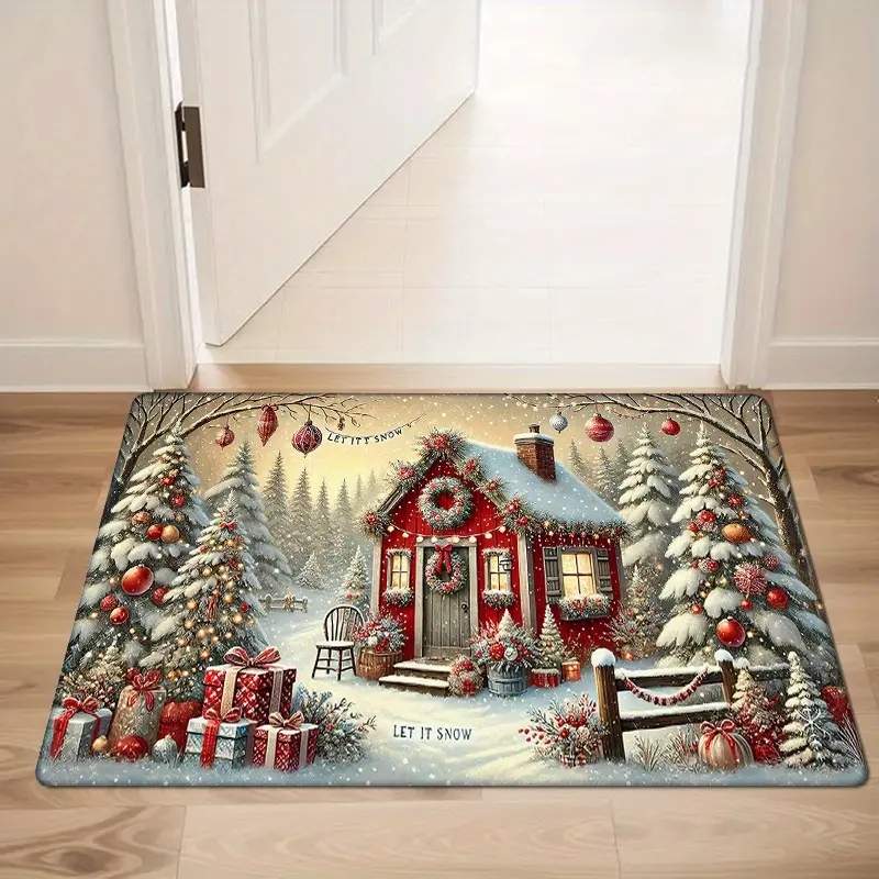 Flannel Floor Mat, Christmas-themed doorway mat, non-slip indoor carpet, featuring a polyester snowhouse print, suitable for corridors, living rooms, bedrooms, kitchens, and laundry rooms, with low-pile woven decoration