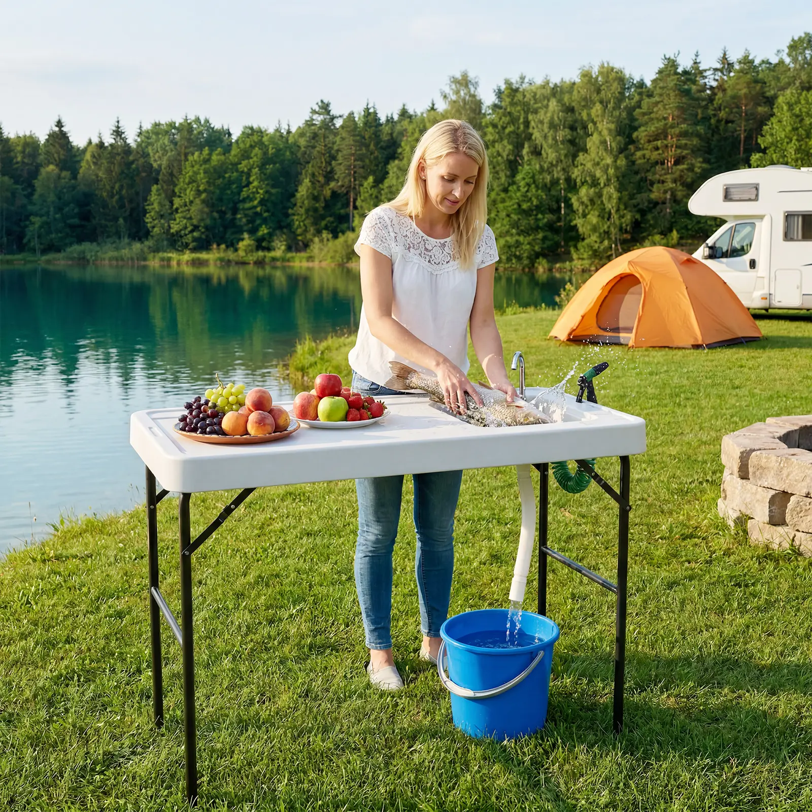 Portable Folding Fish Cleaning Table with basin and Faucet – Outdoor Fillet Station, Drainage Hose & Sprayer – Perfect for Camping, Picnic, Beach, Patio