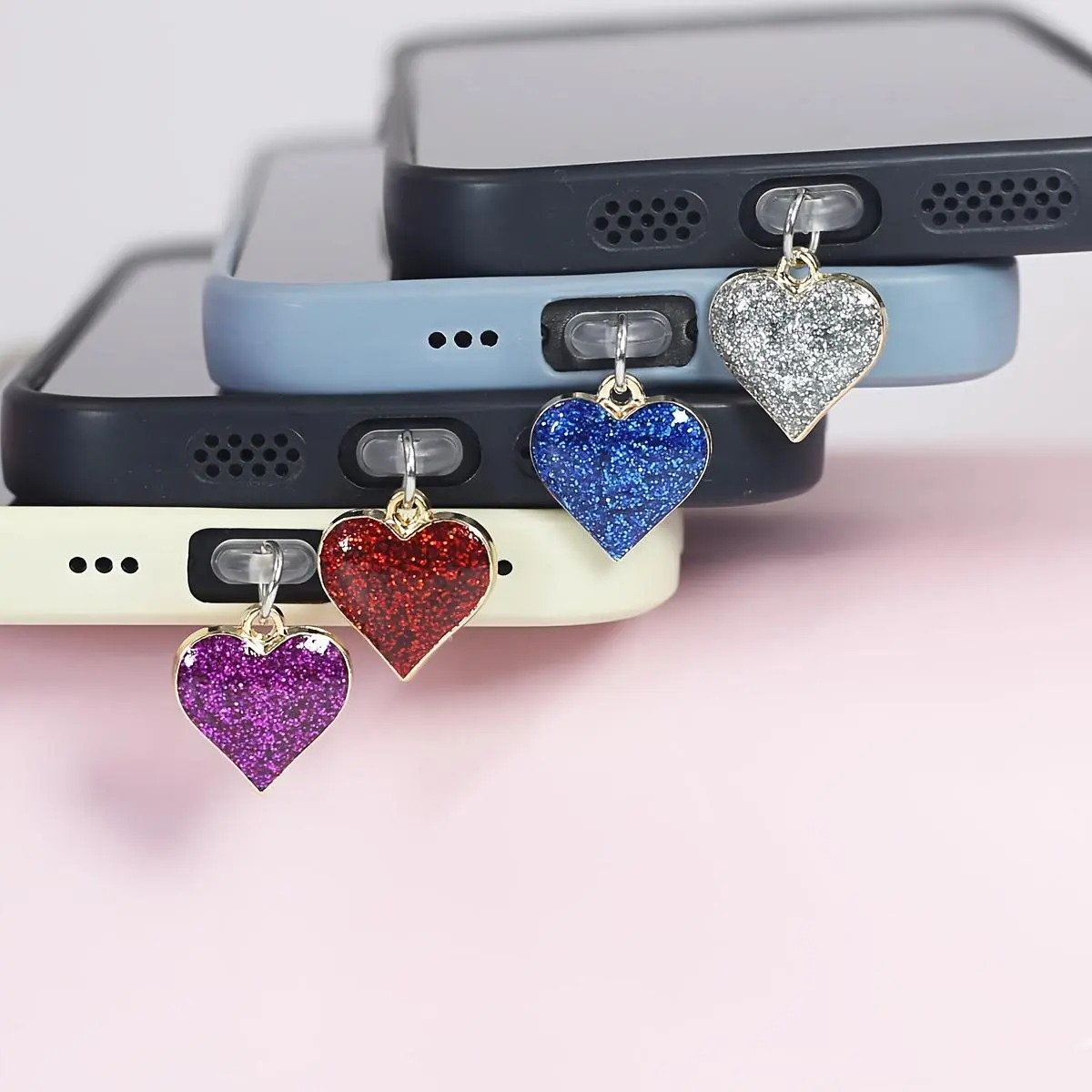 Deep Purple Heart Multicolor Glittering Starry Sky Phone Charm Dust Plug Accessory - Suitable for iPhone, Samsung Type-C Port Decorations in Red, Pink, Blue, Silvery Gray, Yellow - Valentine's Day Gift, Gadget Decoration, Shiny Finish, Stylish Ornament,