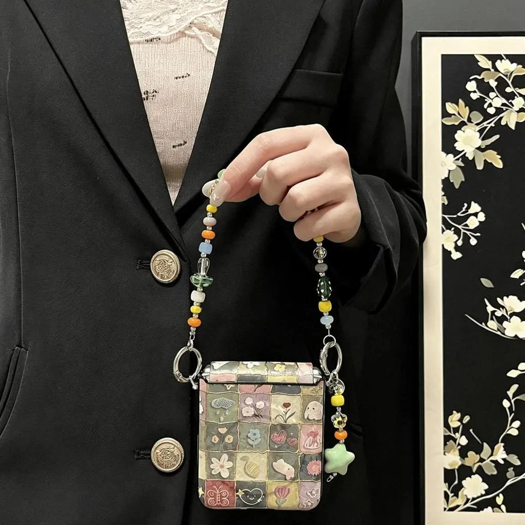 Cute Grid Bunny Floral Magnetic Case with Star Beads Chain Strap for Samsung Galaxy ZFlip7 Flip6 Zflip5 Flip8,Case for Motorola
