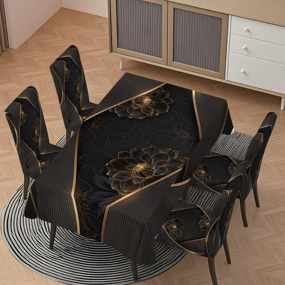 5/7-piece 2D Flat Printing Black - gold Floral Curve Splicing Printing Pattern Tablecloth and Chair Cover Set, for dining table and chair decoration, perfect for home, holiday gatherings, restaurants, and parties.