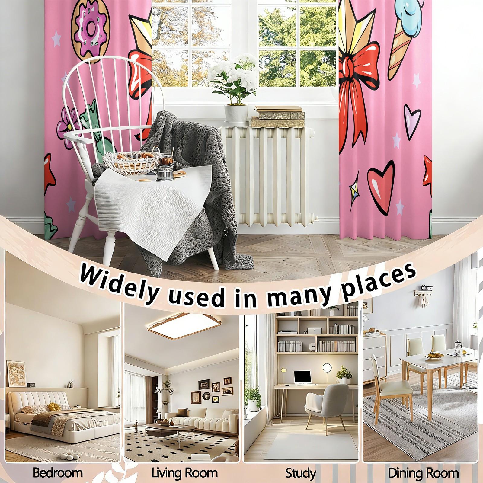 2 Panels Cute Candy Curtains, 80%-90% Light Blocking Printed Curtains, Cartoon Sweet Darkening Curtains, Kawaii Dessert Decoration Curtains for Girls Bedroom