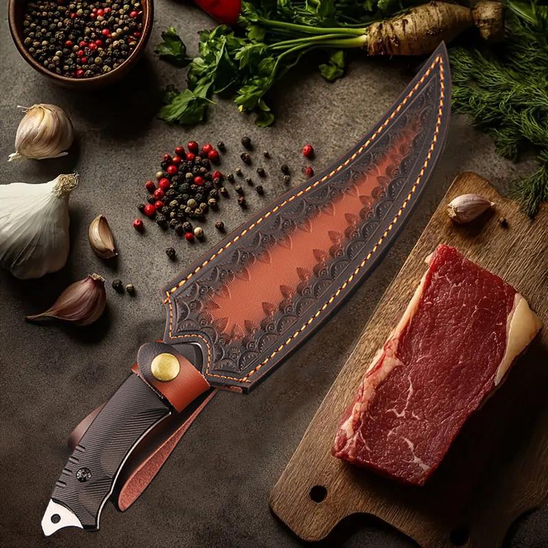 Meat poultry cutting deboning knife, steak knife, kitchen chef knife, barbecue knife, with handmade leather sheath, high hardness stainless steel fixed blade ergonomic anti-slip handle, suitable for home kitchen, camping barbecue cooking, men's gift