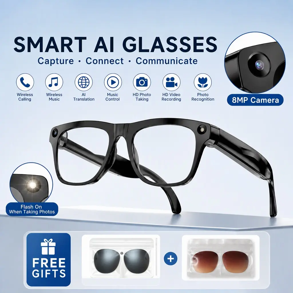 AI Smart Glasses, Multifunctional Smart Glasses, with Smart Vision Object Recognition, 8MP Camera With LED Flashlight Assisted Shooting, and AI Real-Time Translation & Multilingual Support, designed for Travel, Overseas Learning, lightweight design
