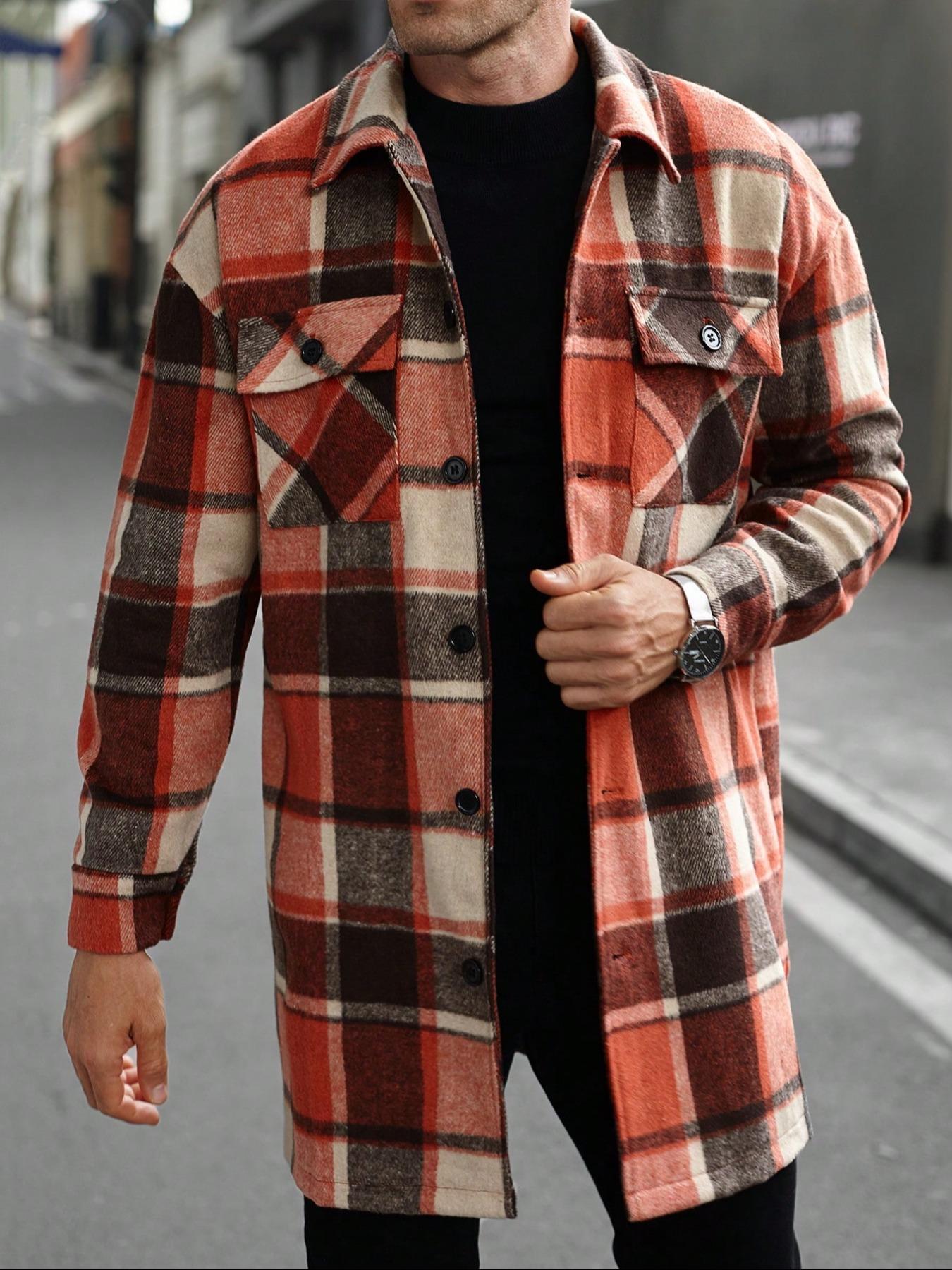 Men's plaid check long coat, Long Sleeve, with a buttoned lapel, loose fit, front button pockets, suitable for daily wear in autumn and winter, comfortable and warm, men's trench coat, Jackets, autumn and winter