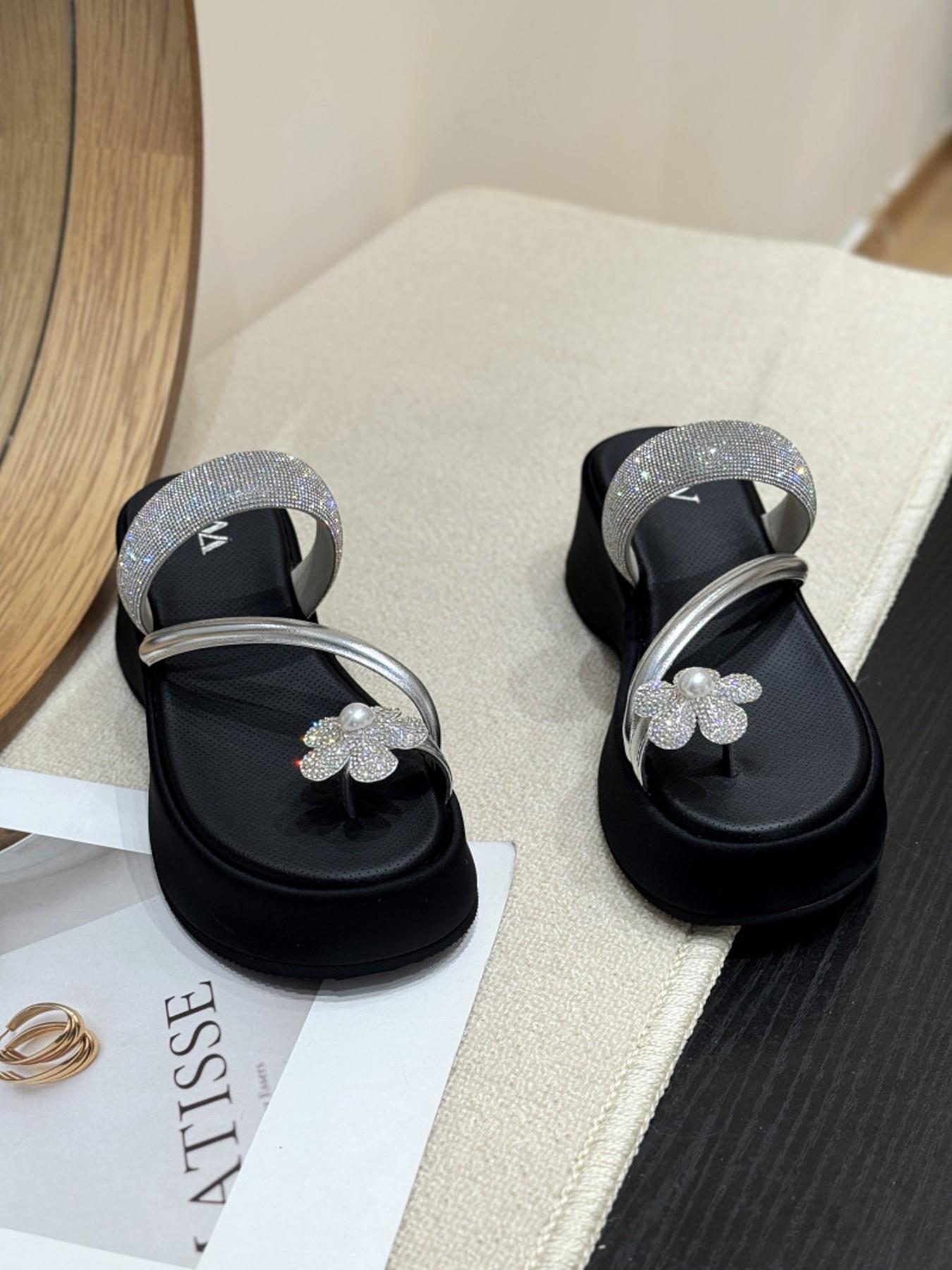 Full Rhinestone Braided Strap + Pearl Water Drizzle Flower Decoration, Clip-On Wedge Thick Sole, Soft Fairy Style, Enhances Leg Length