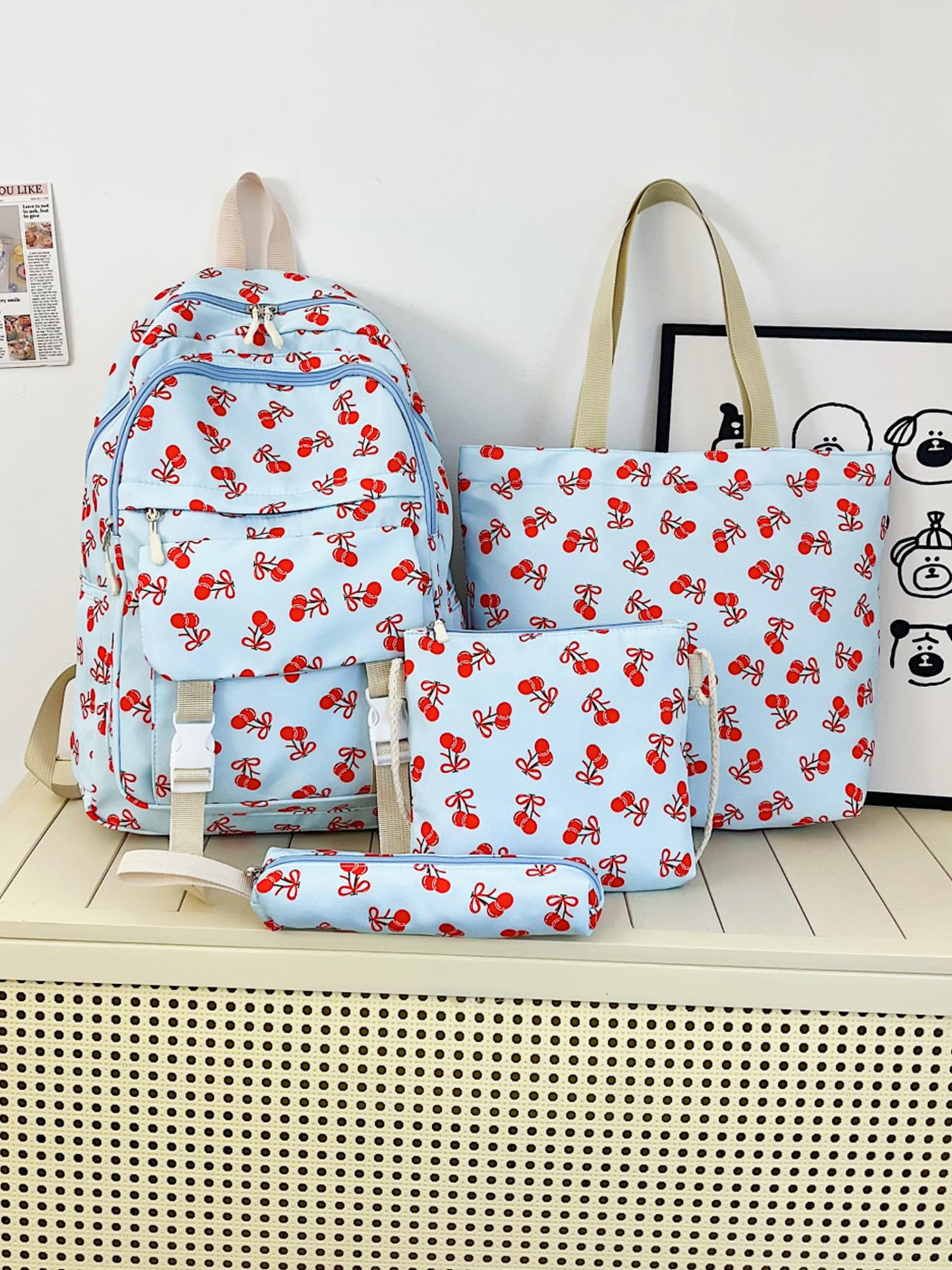 4pc  women's backpack solid color backpack cherry print fashionable and versatile casual trend suitable for students to go to school, campus, travel, shopping, multi-purpose women's backpack Stylish Casual Daypack