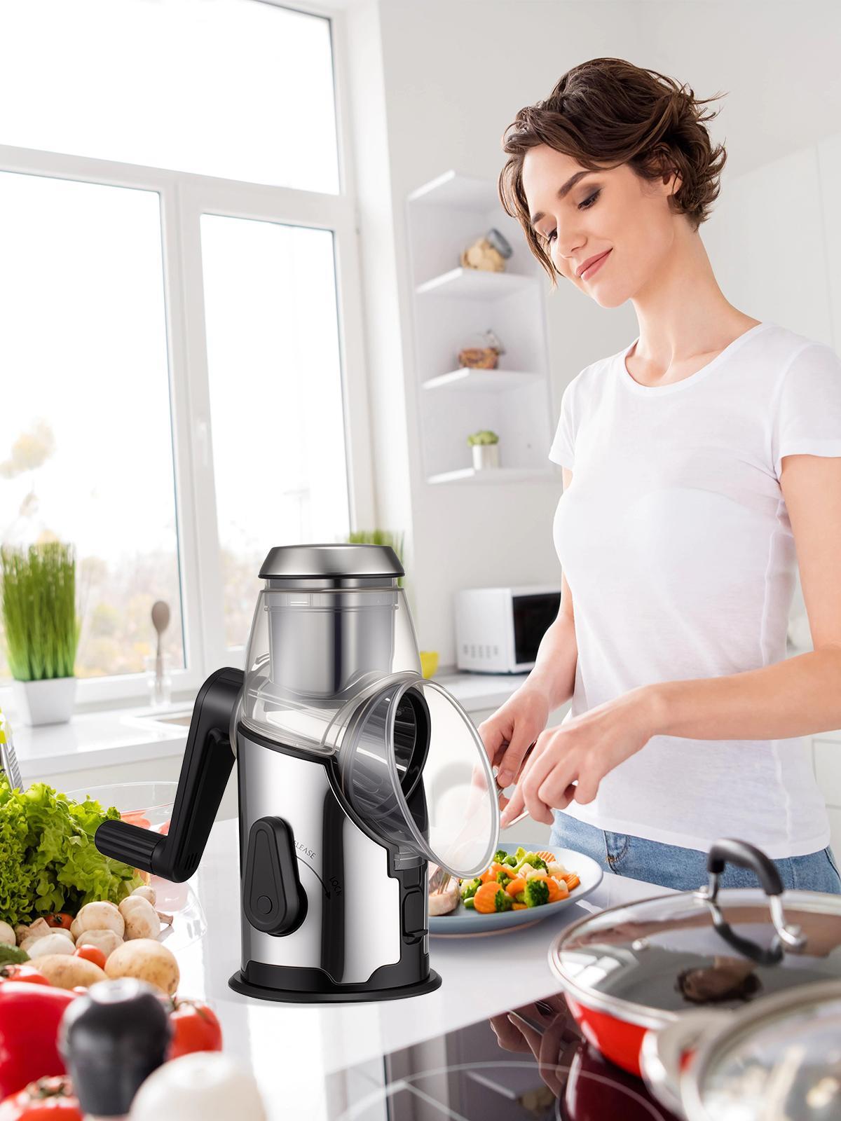 Kitchen Rotary Cheese Grater with Handle -Mandoline Slicer with 3 Stainless Steel DrumBlades-Vegetable Slicer Walnuts Grinder Cheese ShredderRound Mandoline with Peeler, Christmas Gift in Black Friday