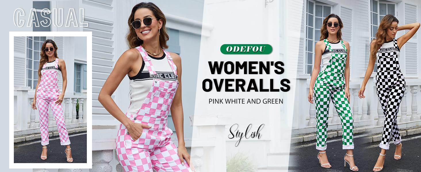 ODEFOU St. Patrick's Day Checkered Overalls for Women Stretch Plaid Print Football Game Outfit Fashion Jean Jumpsuit Cute Denim Bibs Coveralls Sleeveless Clothes Spring Fall Winter Festival Vibes Womenswear