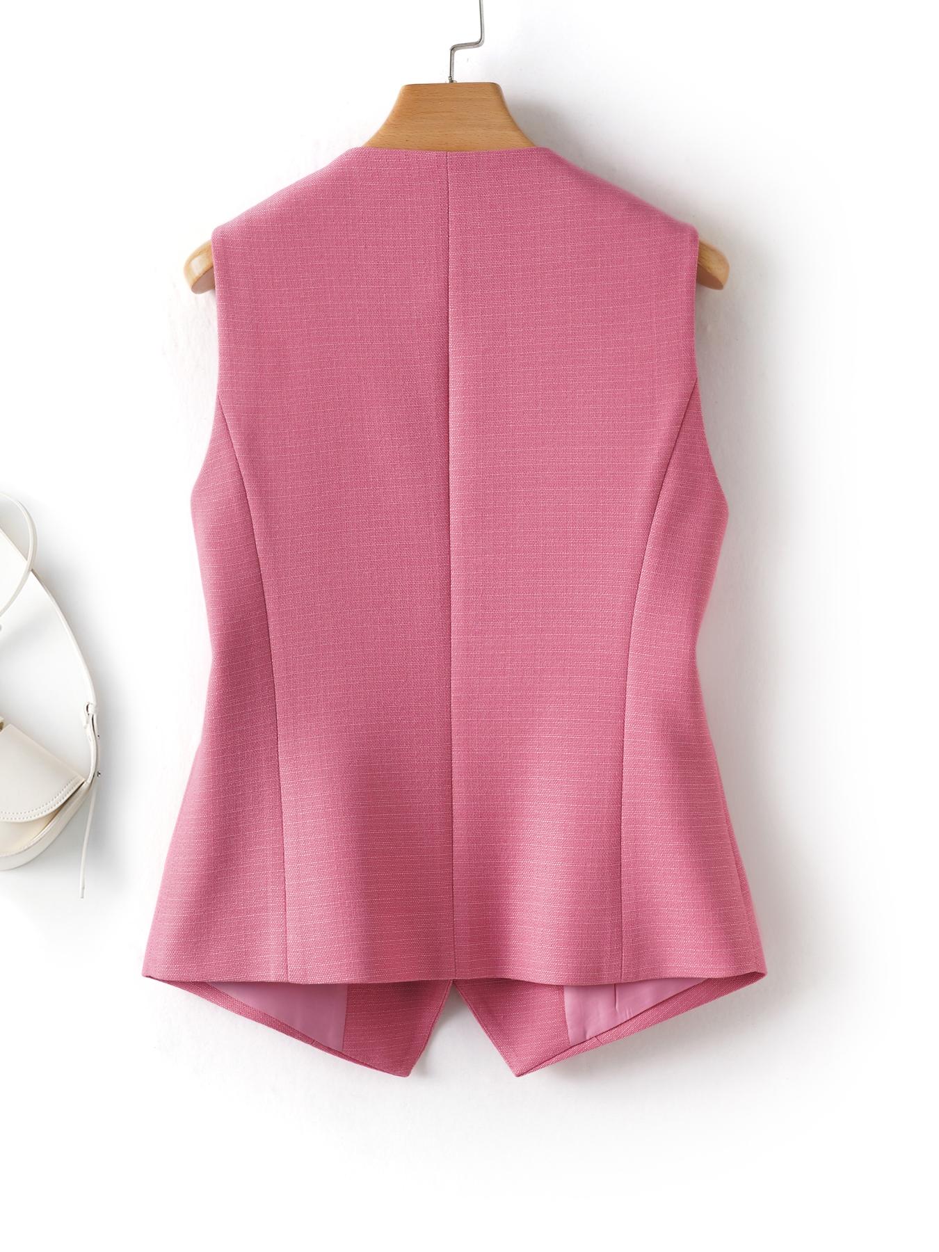 Women's Solid Button Front Vest Blazer, Elegant V Neck Pocket Suit Vest For Work Office Business, Ladies Spring & Fall Clothes, Modern Easy Wear