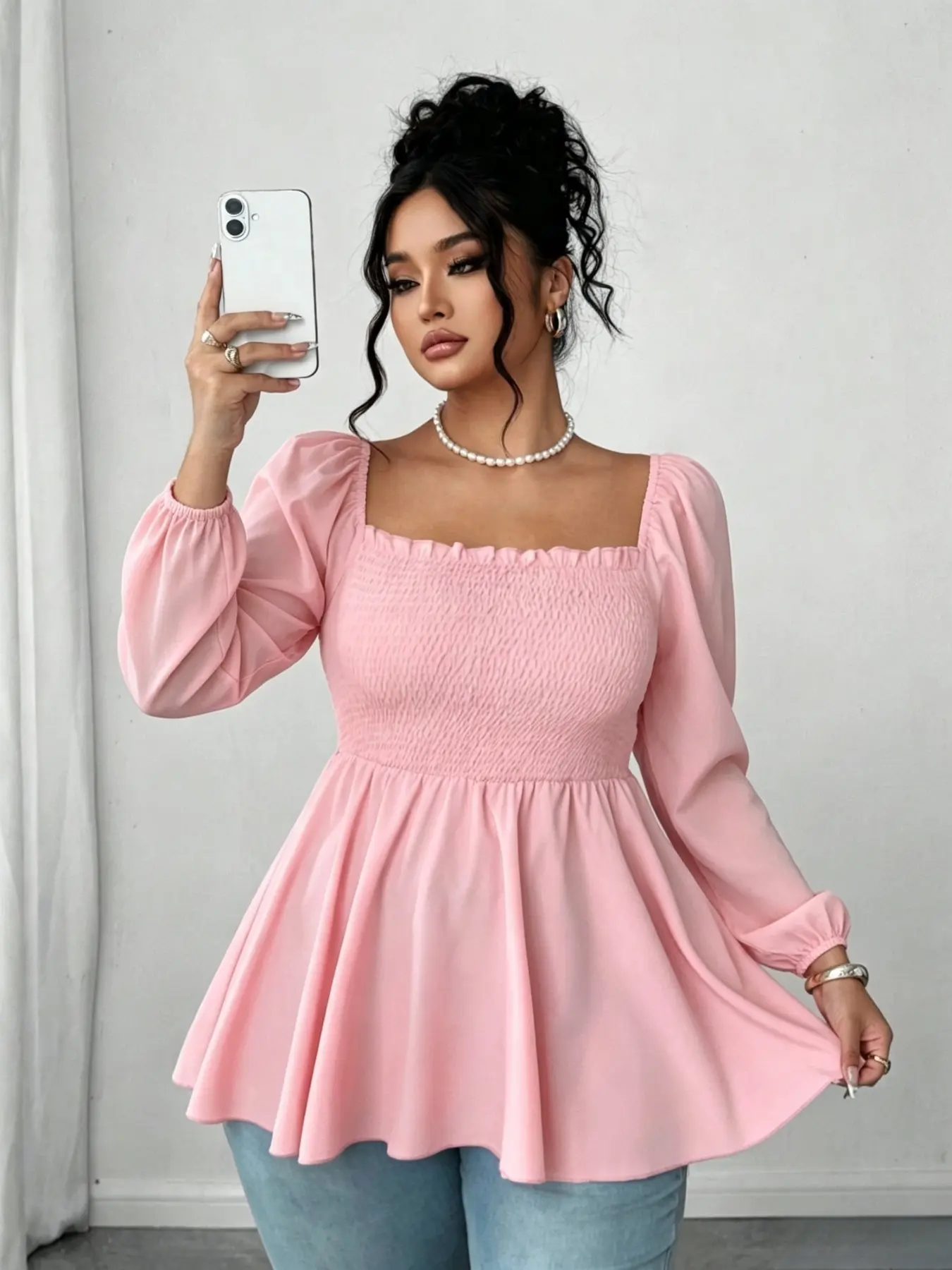 Elegant Wood Ear Square Neck Top, Plus Size Bubble Long Sleeve Shirt, Ruched Waist A-Line Hem, Conceals Belly, Chiffon Material