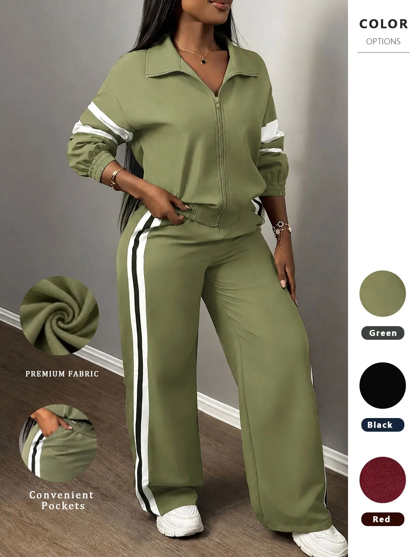 Women's Two-Piece Sporty Casual Set, Comfortable Fabric, Zipper Jacket & Striped Wide Leg Pants, Practical Pockets, Spring Fall Fashion, Sporty Tracksuit