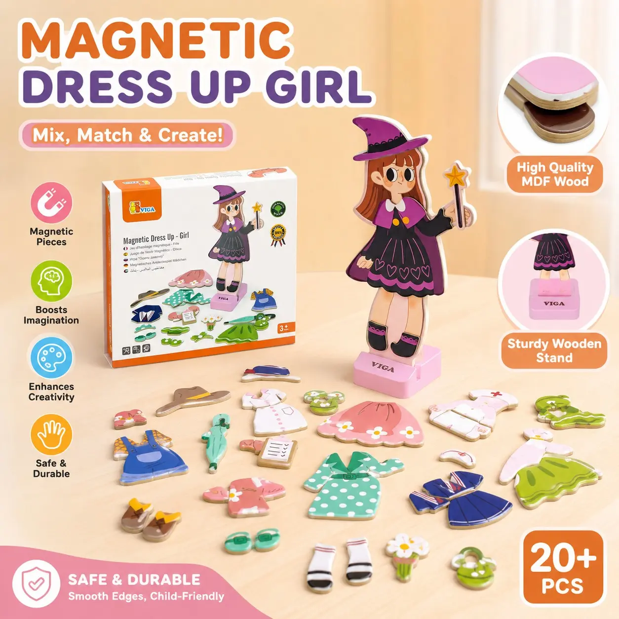 Magnetic Dress-Up Girl Doll for Kids 3+, Mix & Match with Wooden Stand, Boost Creativity & Fashion Sense, School Tool Gift