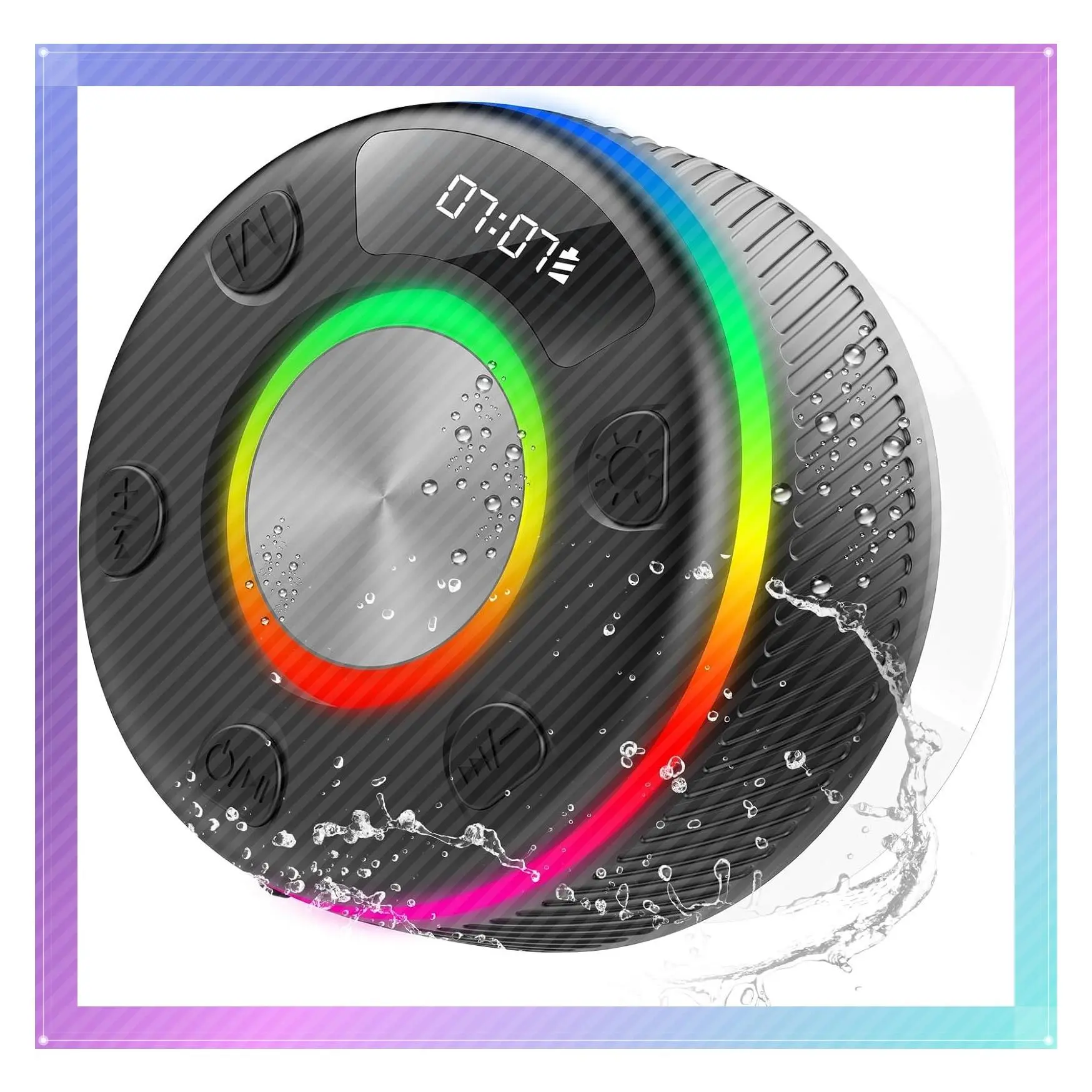 IP7 Waterproof Portable Bluetooth 5.4 Shower Speaker with HD Sound, RGB Light, LED Display, Hands-Free Call, Suction Cup – Perfect for Bathroom Sing-Along, Stocking StuffersGift