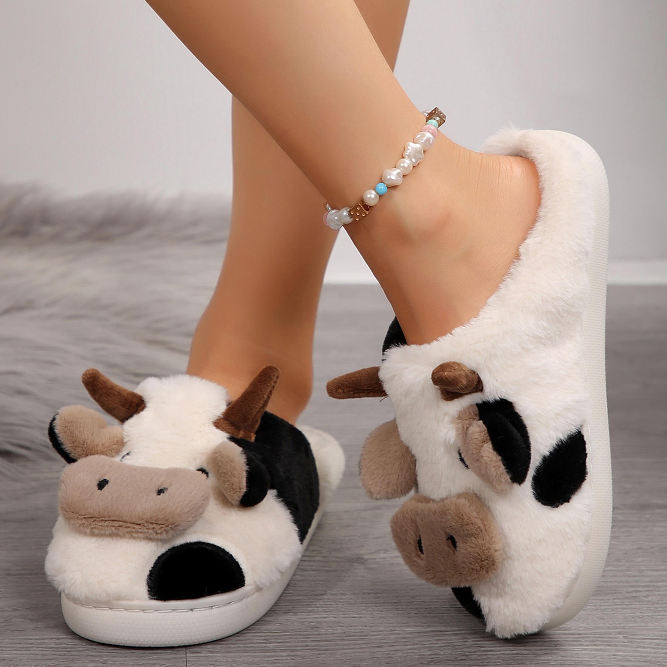 Cartoon Cow Cotton Slippers, Winter Indoor Outdoor Slippers for Women