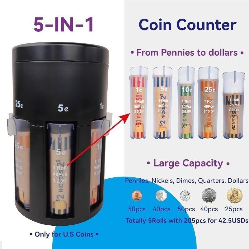 5-In-1 Multi-Functional Coin Sorter Counter, Rotating Base Coin Classifier, Office Kids Savings Home Storage, No Battery Required