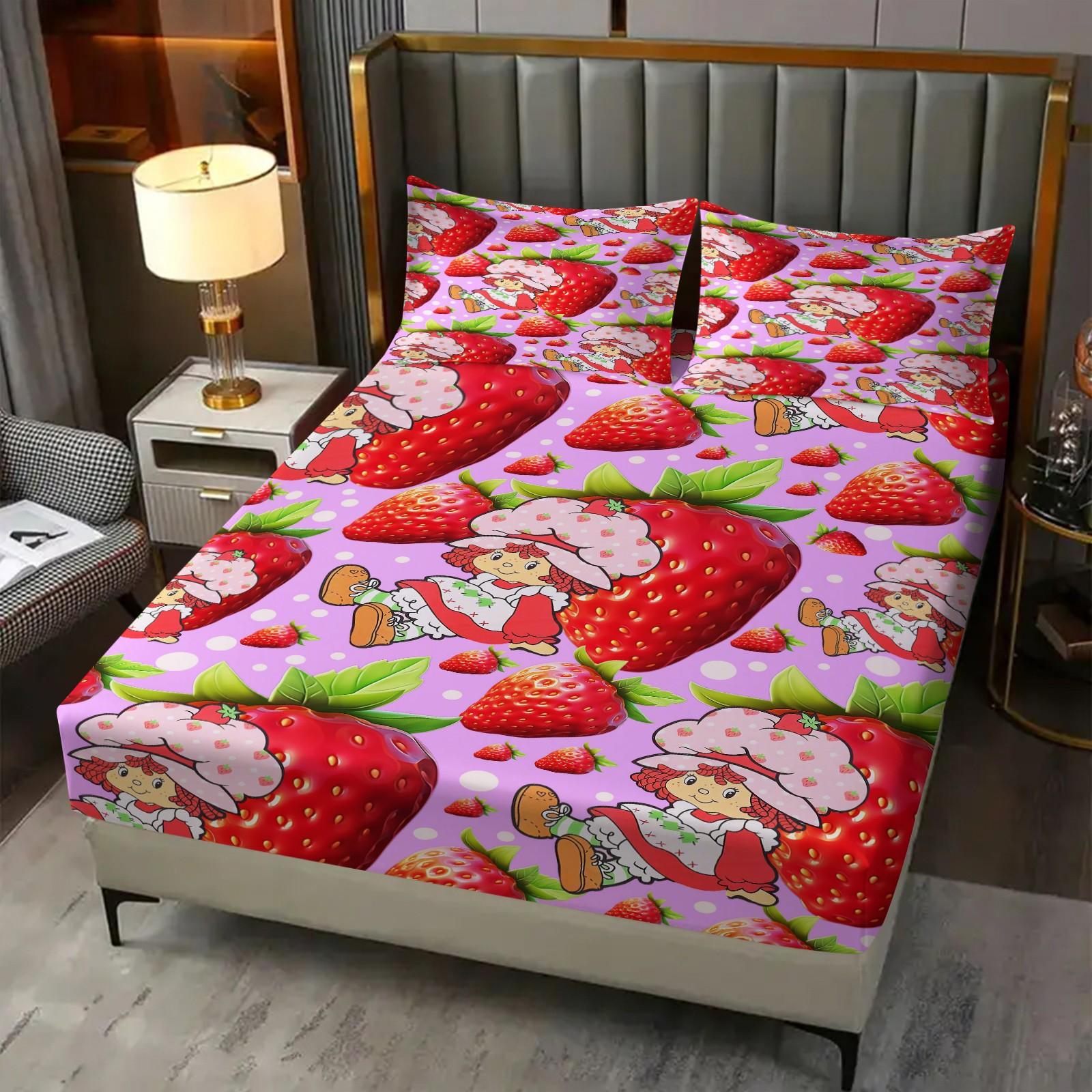 Anime Strawberry Girl Fitted Sheet Set, 1 Fitted Sheet + 2 Pillowcases - 3 Pcs Soft Breathable Bedding with Deep Pocket, 360° All-Round Wrap, Wrinkle Resistant, Cute Strawberry & Cat Cartoon Bed Sheets for Girls, Full Size