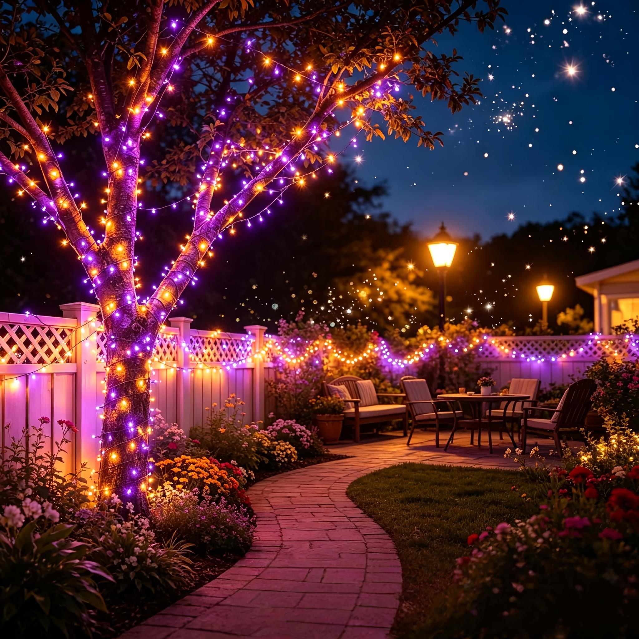 Solar LED Fairy Lights, 900-LED Purple & Orange-Purple String Lights with 8 Lighting Modes, IP54 Waterproof for Yard, Fence Illumination & Outdoor Home Improvement Decor
