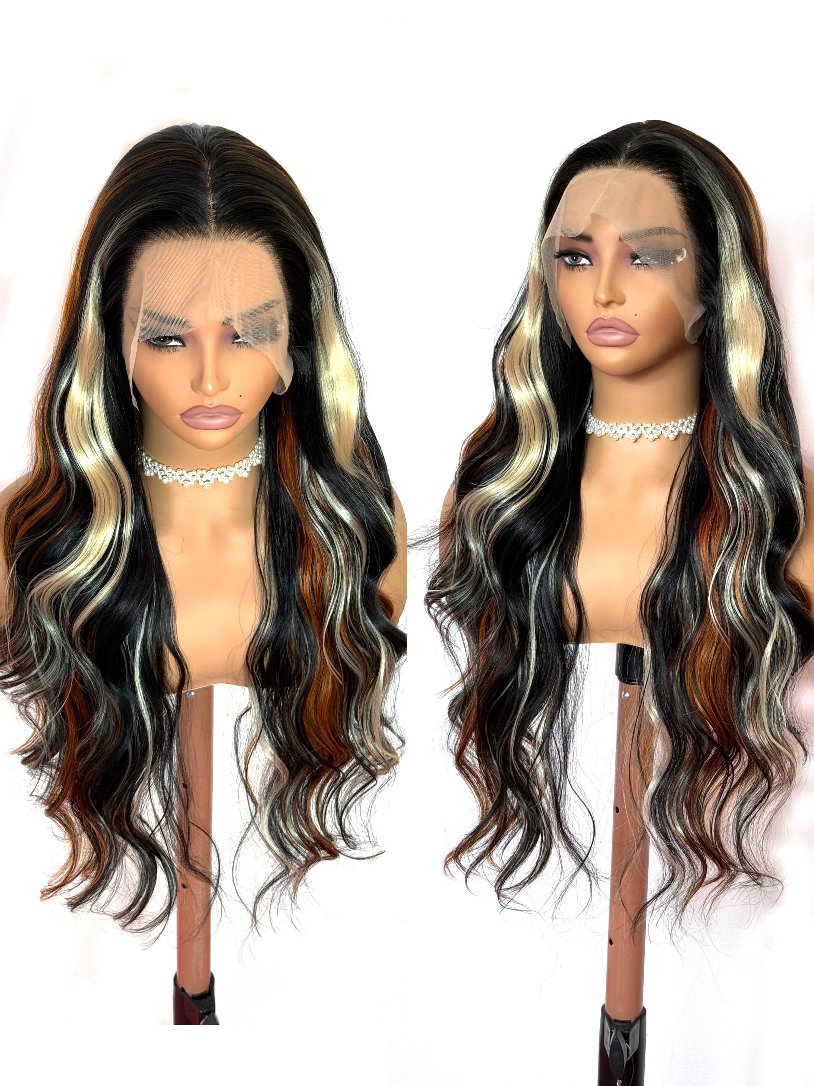 26 Inch Black with Orange Gold Highlights Body Wave Lace Front Wig Heat Resistant Synthetic Hair Glueless Natural Hairline for Daily & Party Wear Synthetic Glueless Wigs