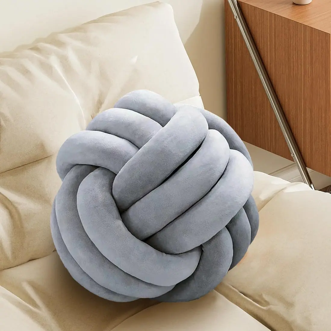 Knot Pillow Ball, Soft Plush Decorative Throw Pillow, Handmade Round Knotted Cushion for Sofa, Couch & Bedroom, Cute Home Decor Pillow (7.87 Inches, Silver)