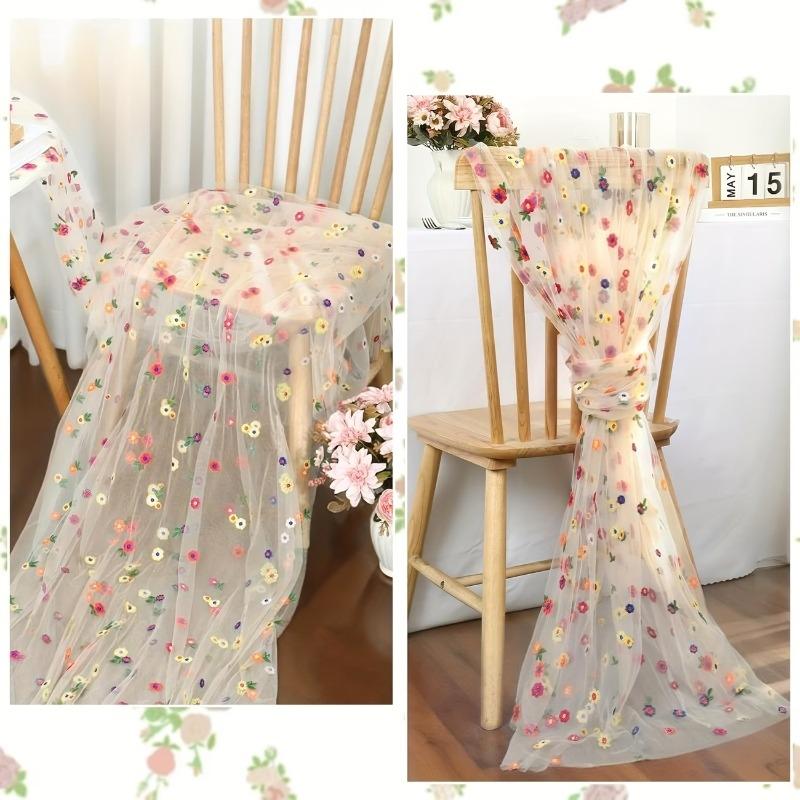 Embroidered Chiffon Table Runner, Daisy Floral Design, Ideal for Weddings, Parties, Home Decor, Outdoor Events, Perfect for Tables and Chairs