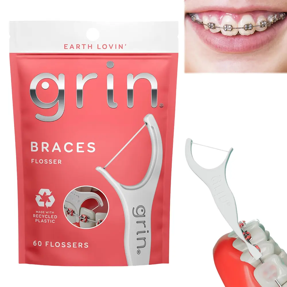 60 Count Braces Floss Picks, Orthodontic Flossers for Brackets and Arch Wires, Recycled Plastic Dental Floss Sticks with Thin Floss, Fold‑Back Pick & Wax Scraper, Safe Oral Care Tools for Braces Wearers