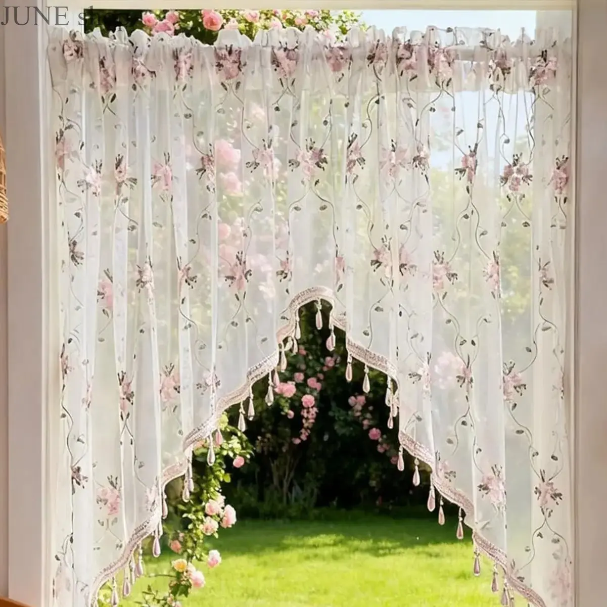 Sheer Voile Swag Valance Curtain, Cottagecore Vine Pattern Window Treatment with Scalloped Trim & Beaded Pearl Tassels, Nursery Room Decor, Curtains For Bedroom, Whimsical, Girl Room Decor, Aesthetic Room Decor tiktokshopbacktoschool