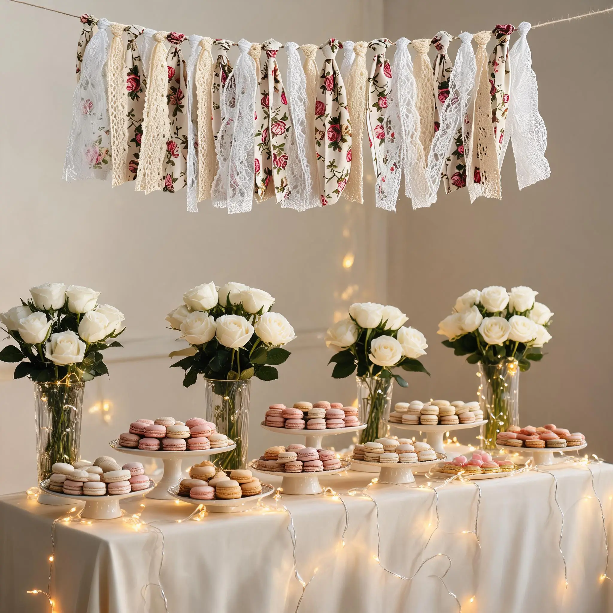 80-Inch Floral Lace Streamer Bunting, Rose Print Fabric, Rustic Farmhouse Style, Ideal for Weddings, Birthdays, Photo Backdrop, Party Decoration Supplies