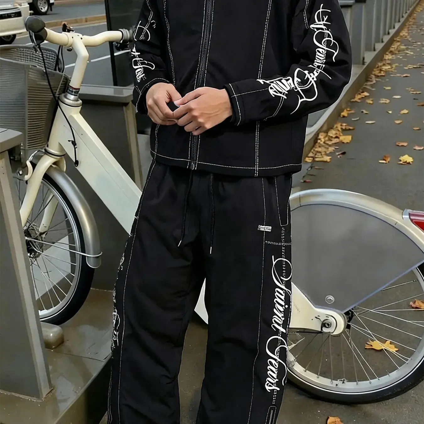 Unisex Trendy Fitted Long Sleeve Set Outfit, Knit Clothing Sets, Menswear Patchwork Graphic Streetwear Style High Street Culture Daily Wear, Fashionable Casual for Men and Women Clothes