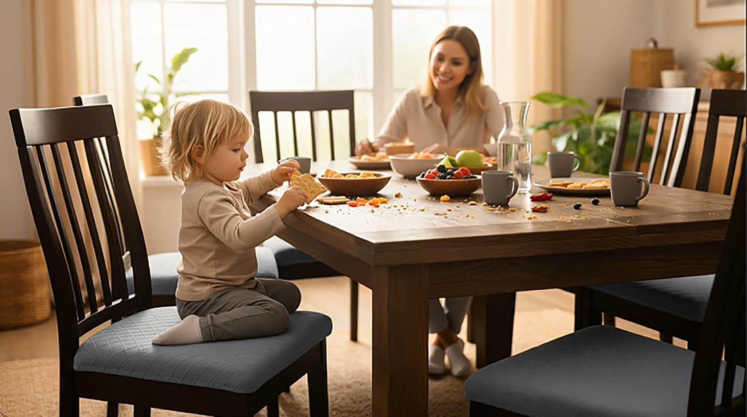 Waterproof Seat Covers for Dining Room Chairs Set of 4 with Stretch Bench Slipcover Chair Covers Removable Washable Chair Seat Cushion Protector(Dark Gray, 5 PCS)