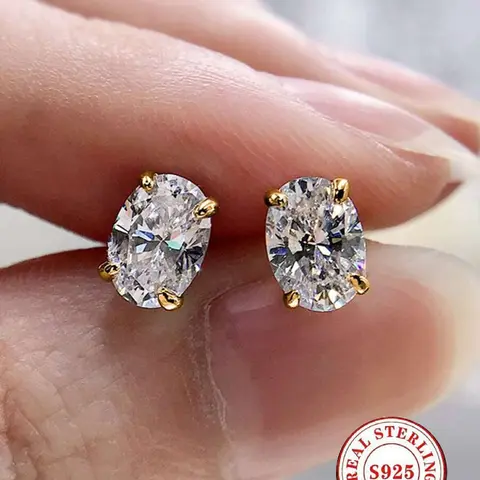 S925 Sterling Silver Oval Artificial Gemstones Stud Earrings for Women, 1 ct D-Color with 4-Prong Settings, Hypoallergenic Bridal and Party Jewelry Gift, Pretty Studs