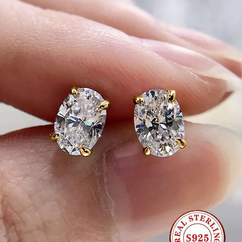 S925 Sterling Silver Oval Artificial Gemstones Stud Earrings for Women, 1 ct D-Color with 4-Prong Settings, Hypoallergenic Bridal and Party Jewelry Gift, Pretty Studs