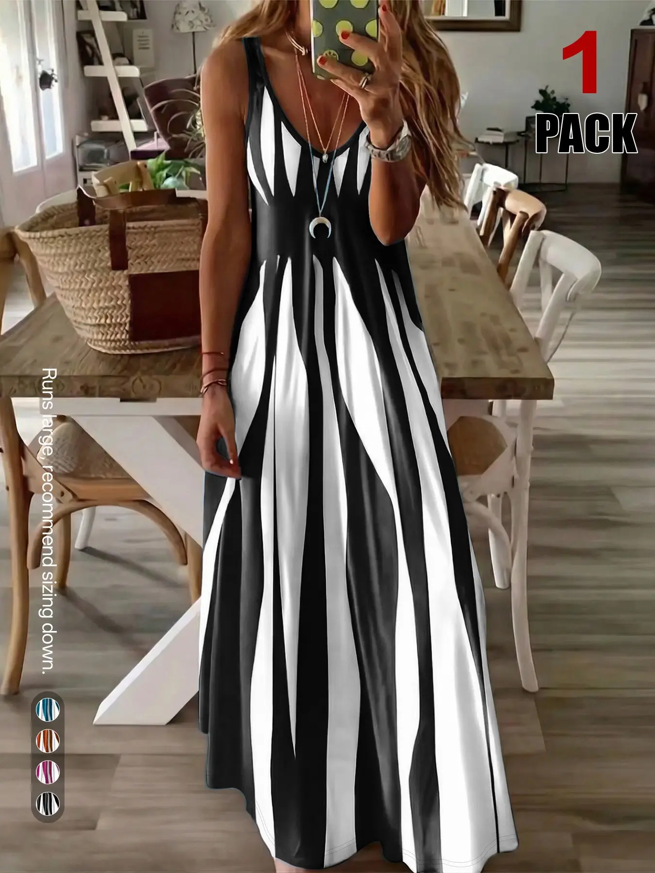 & Stripe Maxi Nightdress, Sleeveless, Spaghetti Strap, Comfortable Sleepwear for Women, Stylish Long Dress for Bedroom, Soft Fabric Evening Gown, Loungewear