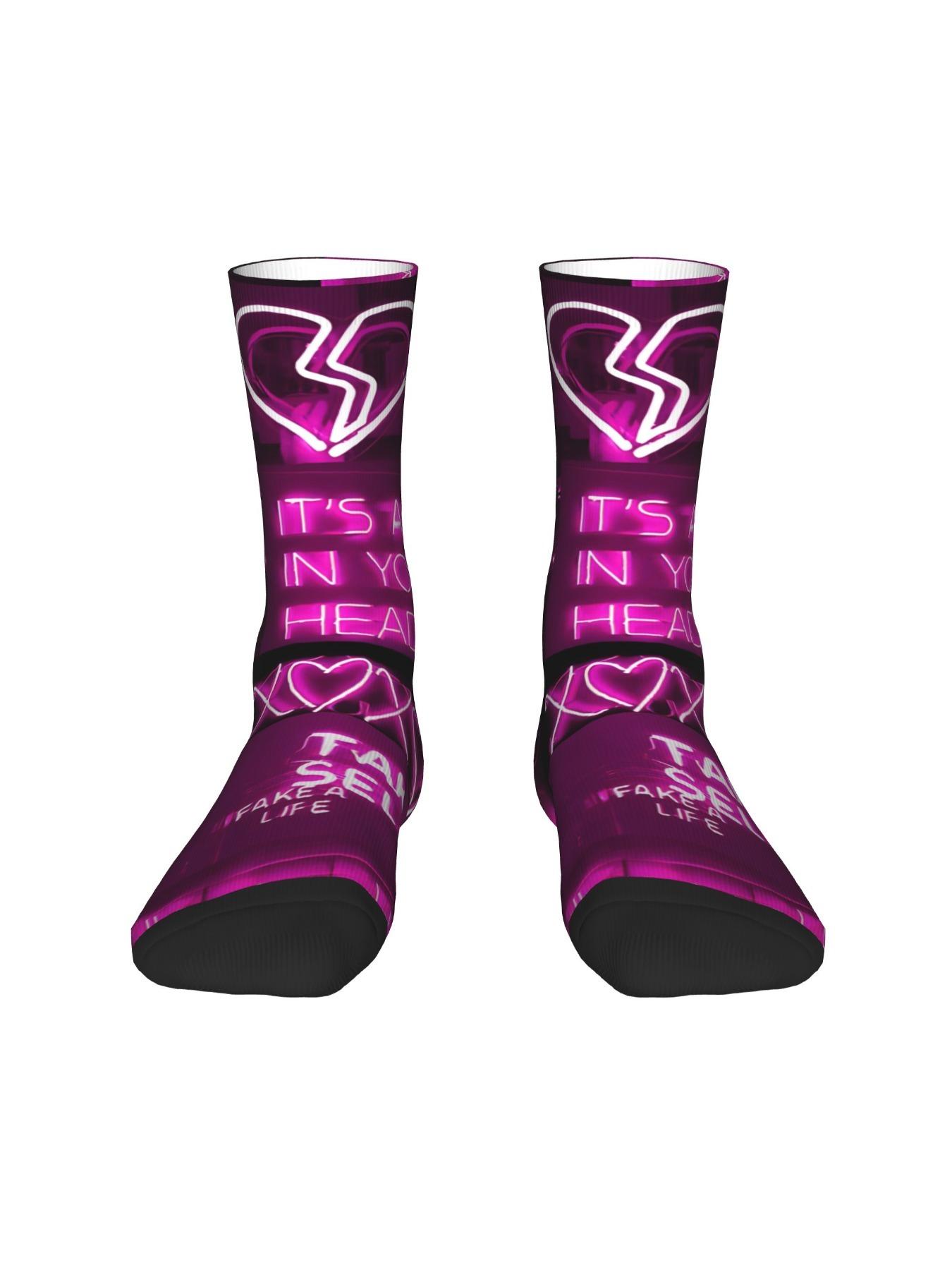 1 Pair Funny Crazy Sock for Men Cute Neon Pink Aesthetic Hip Hop Vintage Happy Quality Pattern Printed Crew compression Sock Novelty Gift