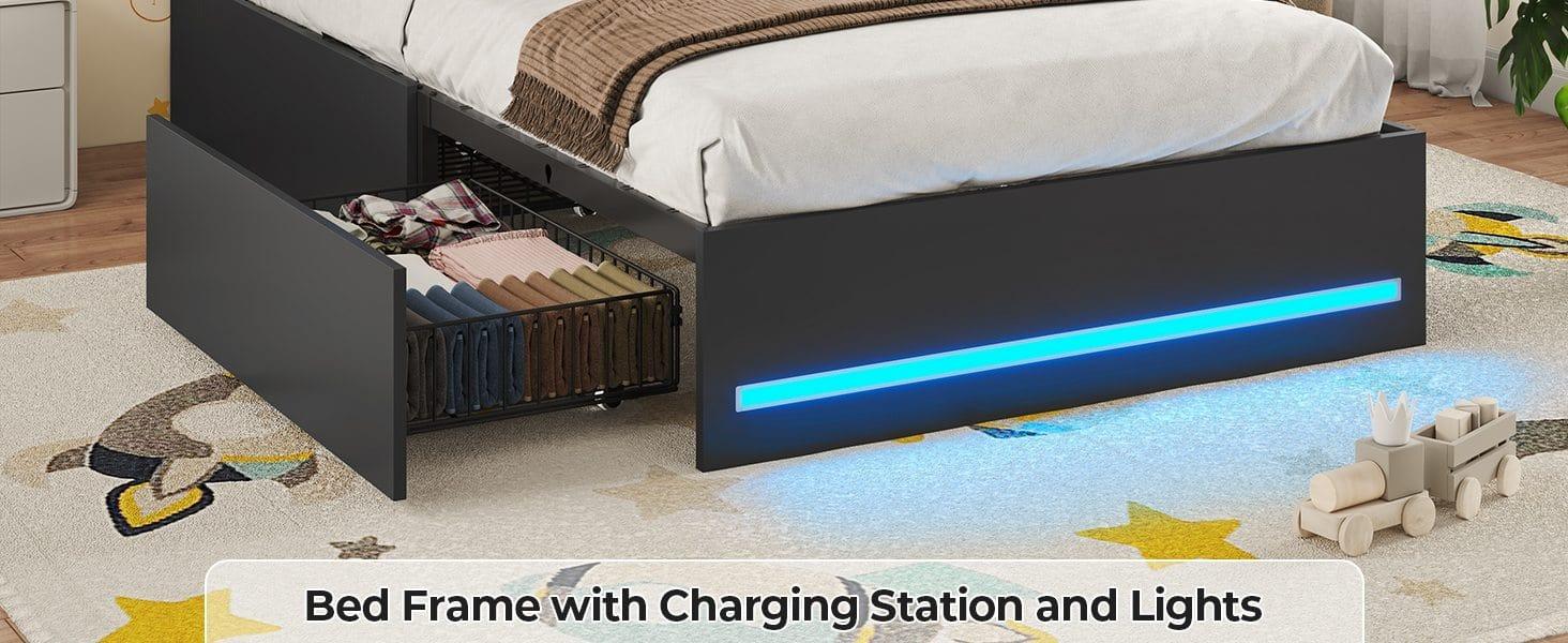 Sikaic Twin Size Bed Frame with Bookcase Headboard and Charging Station Black Bedroom Furniture Set