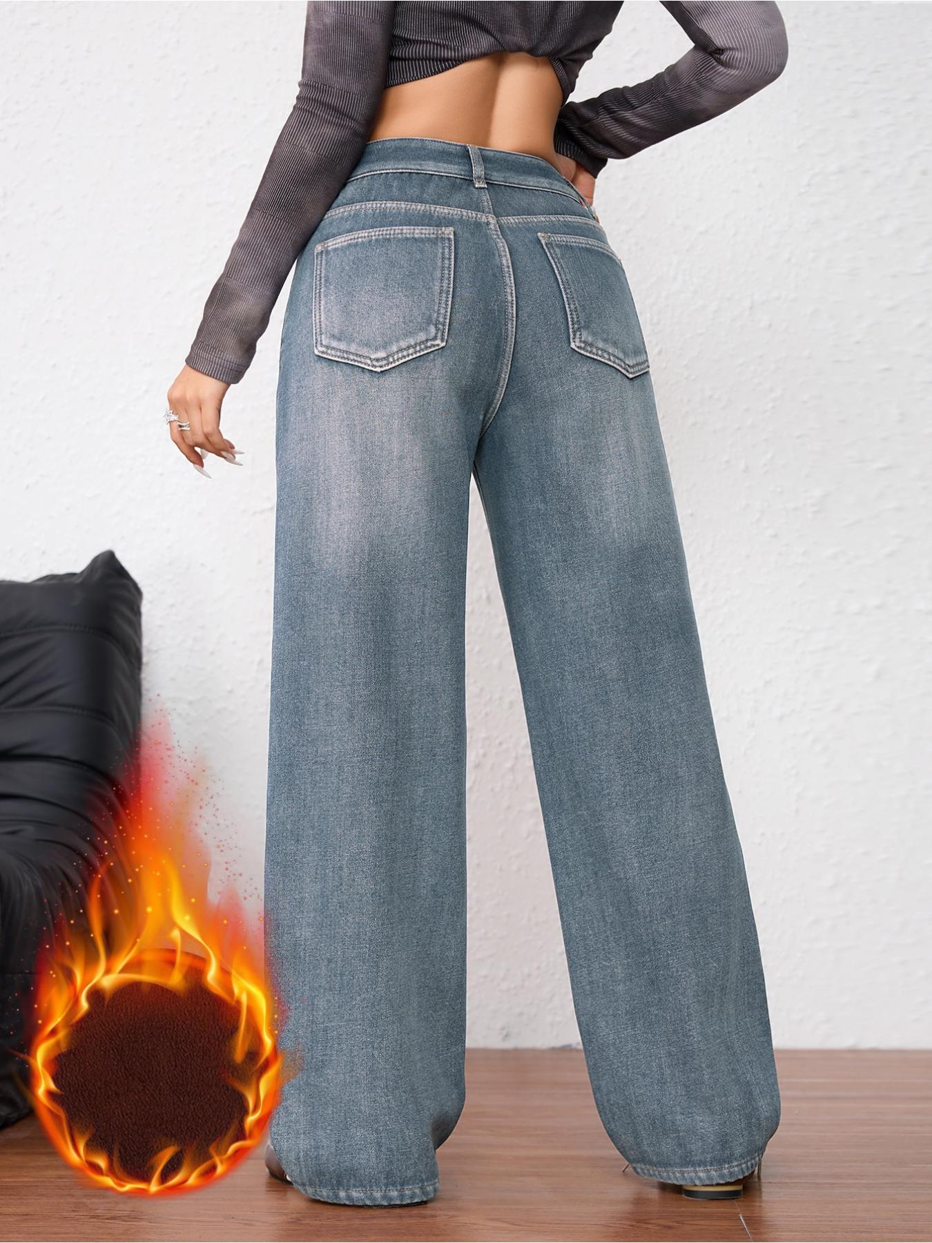 Women's Vintage Fleece-Lined Thickened Fall Winter Wide Leg Jeans, Elegant Comfortable Casual Trendy Straight Washed Denim Pants