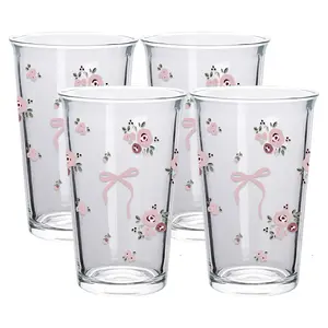12 oz Bow&Rose Pattern Highball Glasses, 1/4pc Drinking Glass Set, Water Glasses, Mojito Glass Cups, Mixed Drink Cocktail Glass Set