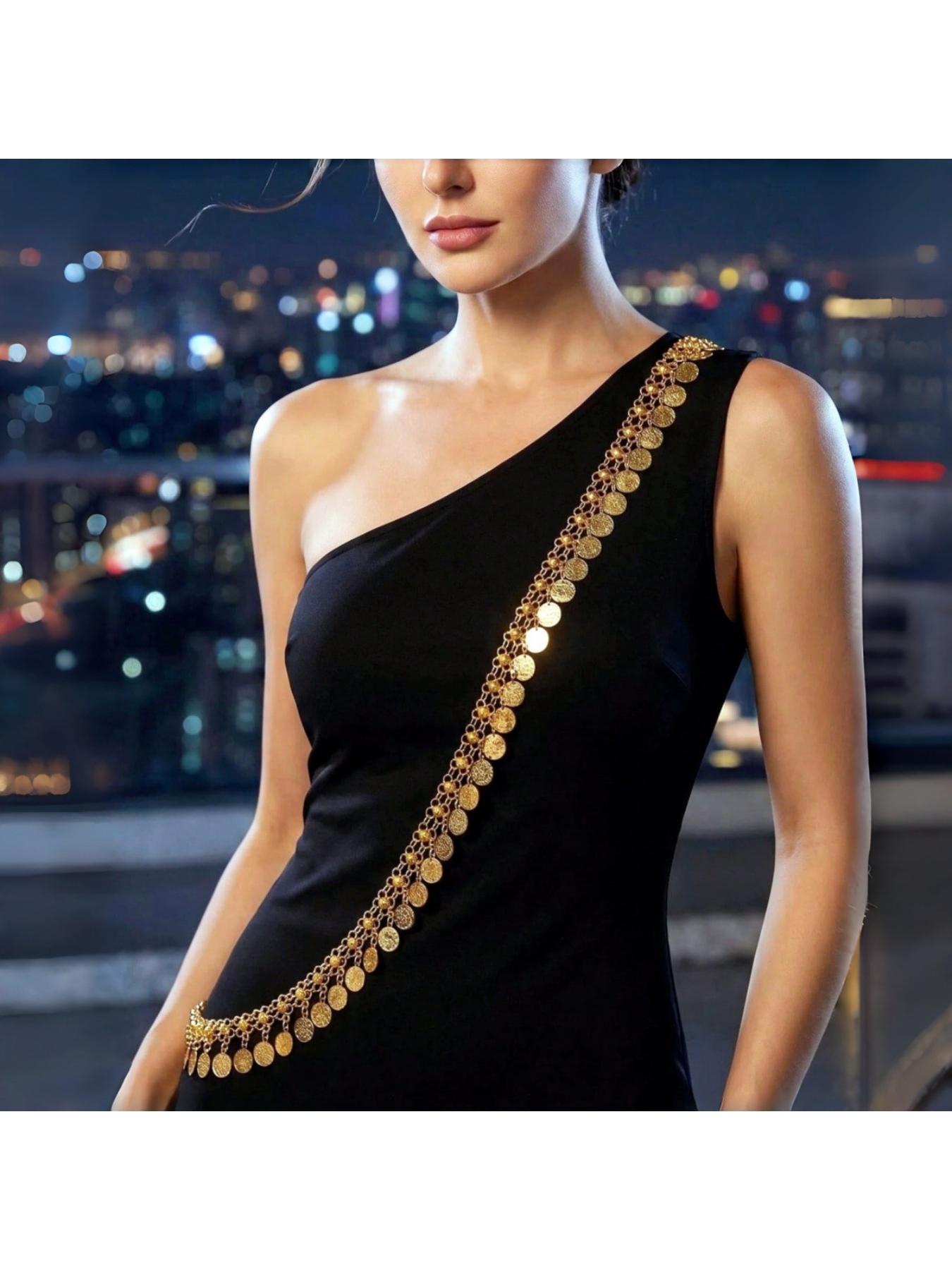 Cross-border exotic style gold coin tassel crossbody single-shoulder body chain, versatile shoulder chain accessory, Chain Shoulder Strap for nightclub, evening banquet and photoshoot