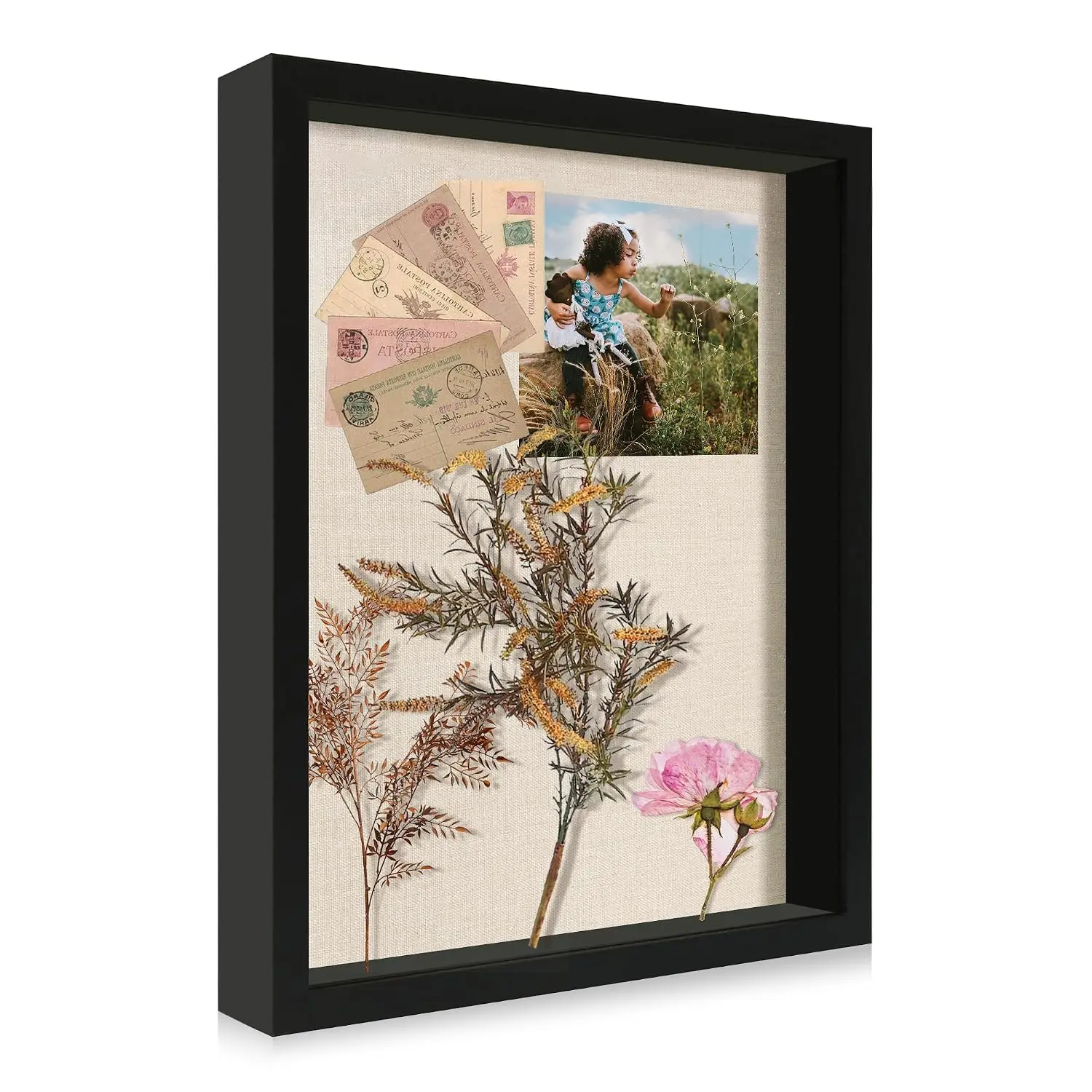 11x14 Shadow Box Display Case with Tempered Glass, Black Wooden Large Memory Shadow Box Frame with Soft Linen Back