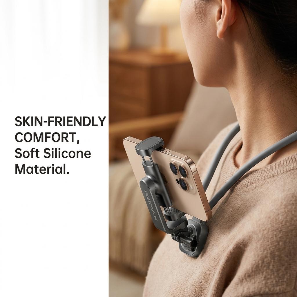 First-Person Neck Phone Mount，One-piece alloy arm, 360° adjustable.Stable damped hinge, detachable clamp with camera adapter. Soft silicone neck pad, comfortable fit.Ideal for POV shooting & multi-scene use.