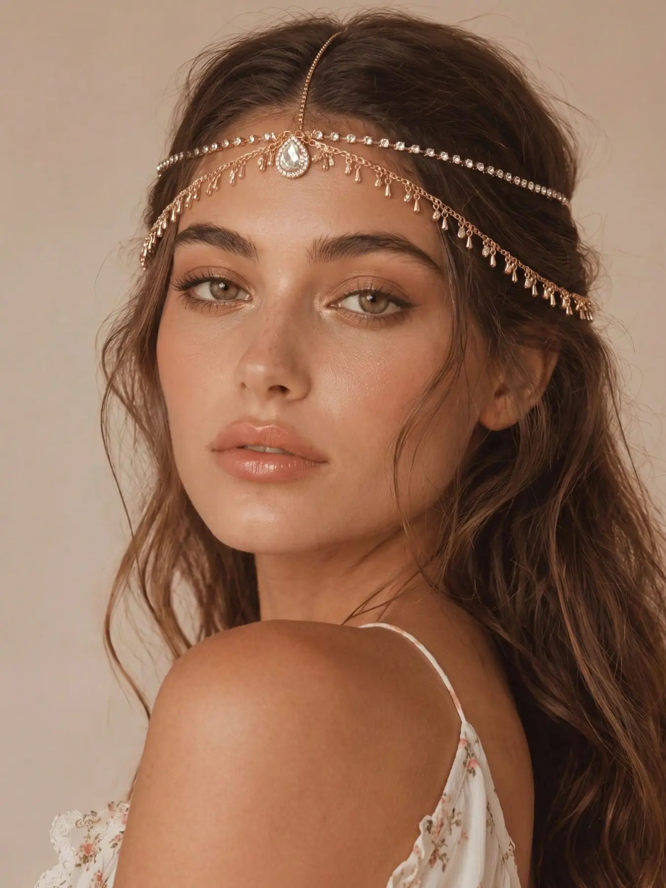 Gold Color Alloy Rhinestone Drip Forehead Chain, Vintage Boho Multi-Layer Tassel Necklace, Perfect for Wedding, Music Festival, Beach Vacation