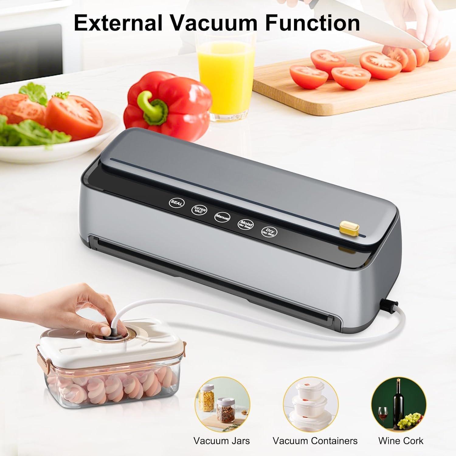 Vacuum Sealer Machine - 85Kpa  Vacuum Sealer for Dry and Moist  Preservation, Built-in  and Self-Cleaning Mode, Includes 1 Cut-to-Size Rolls & 5 Pre-cut Bags - Kitchen Gifts