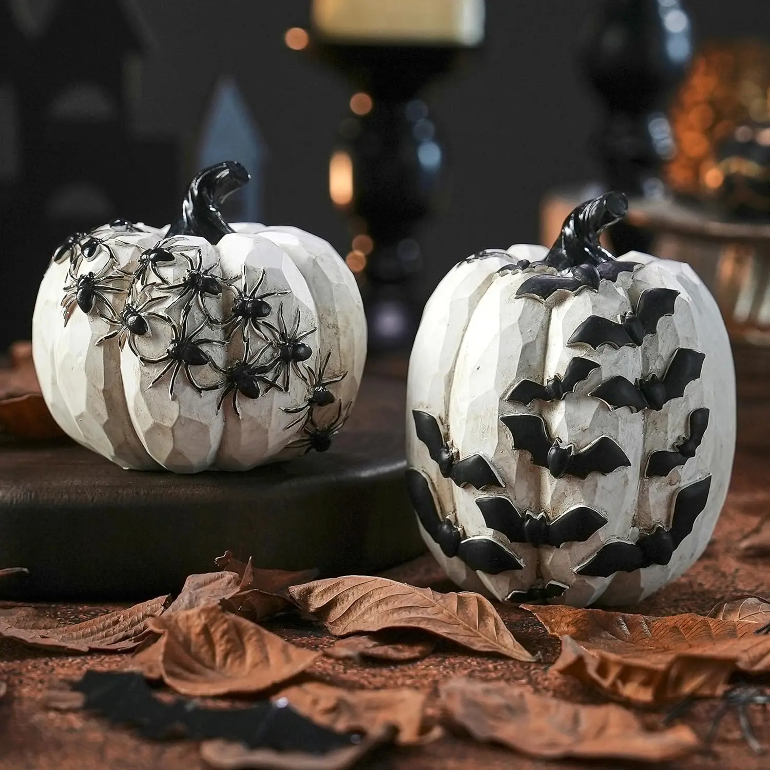 Black and White Pumpkins with Bats for Halloween Indoor Decor| 2Pcs Resin Halloween Pumpkins, Small Decorative Pumpkins for Halloween Decorations, Home Tabletop Indoor Decor