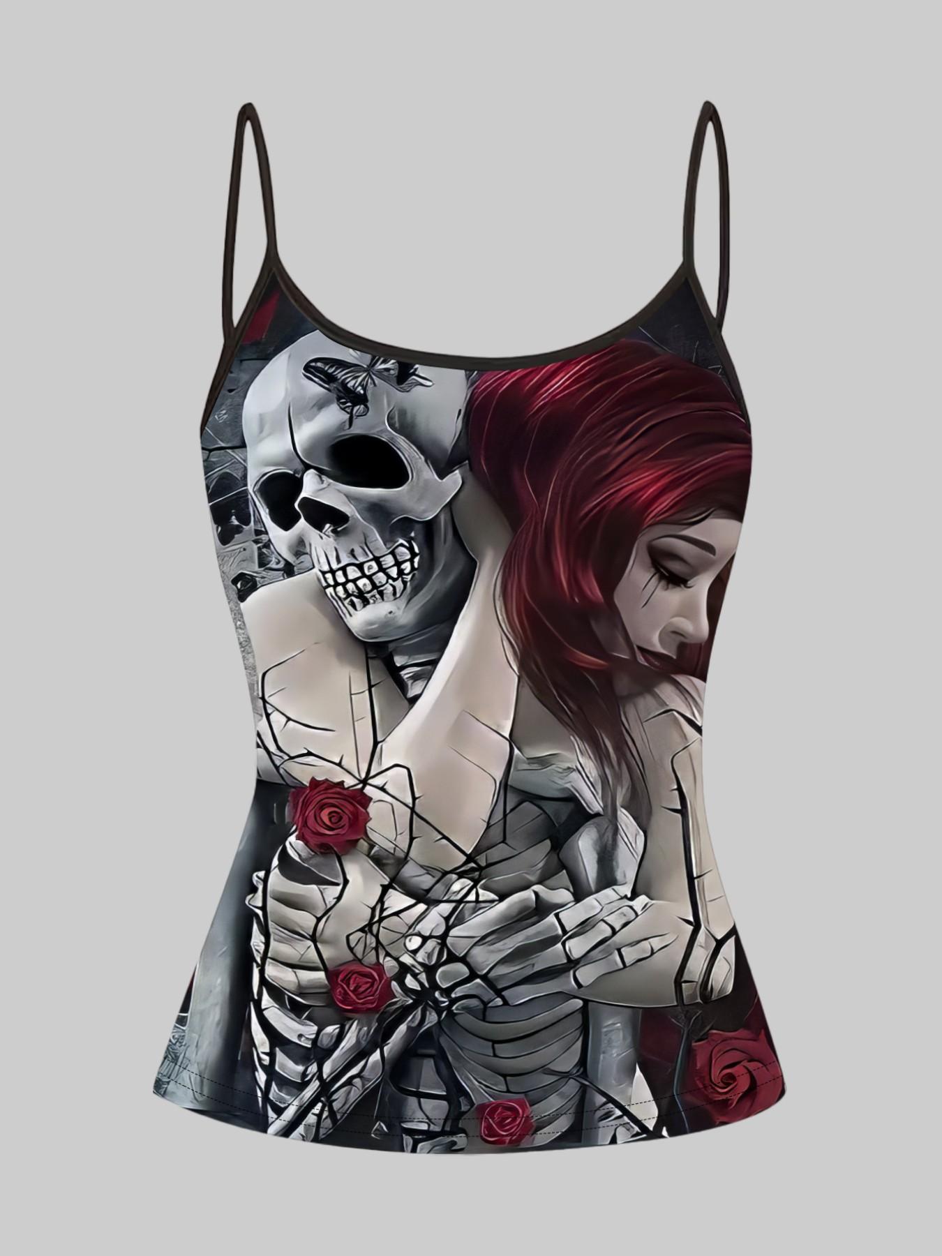 Gothic Skull Rose Print Straps, Summer Home Sleepwear Outer Wear, Unique Slim-Fit Top Set of Four Pieces, Casual All-Over Print Clothing