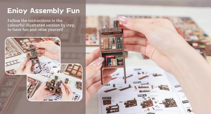 CUTEBEE DIY 3D Dollhouse Kit The Drama Bookshop Miniature Wooden Room with Furniture and Dust Cover Handmade Creative Toy for Teens and Adults Holiday Christmas and Black Friday Gift Home Decor