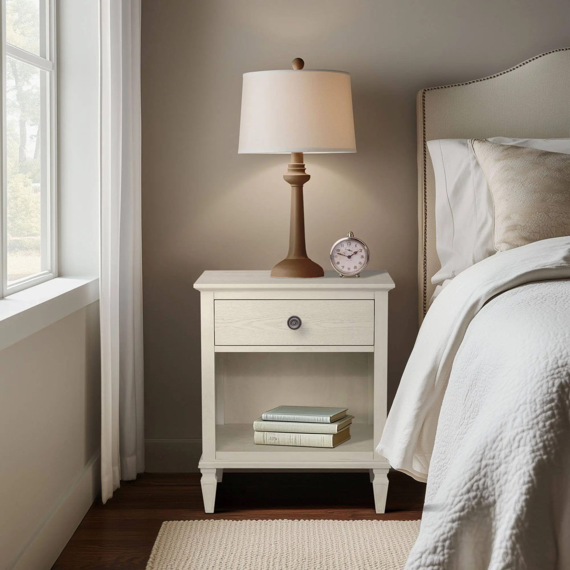 Nokaa Nightstand Cream Bedside Table for Bedroom, French Inspired Night Stand with Drawer and Shelf, Solid Wood+MDF Side Table for Living Room, Compact Storage Furniture, Easy Leg Assembly